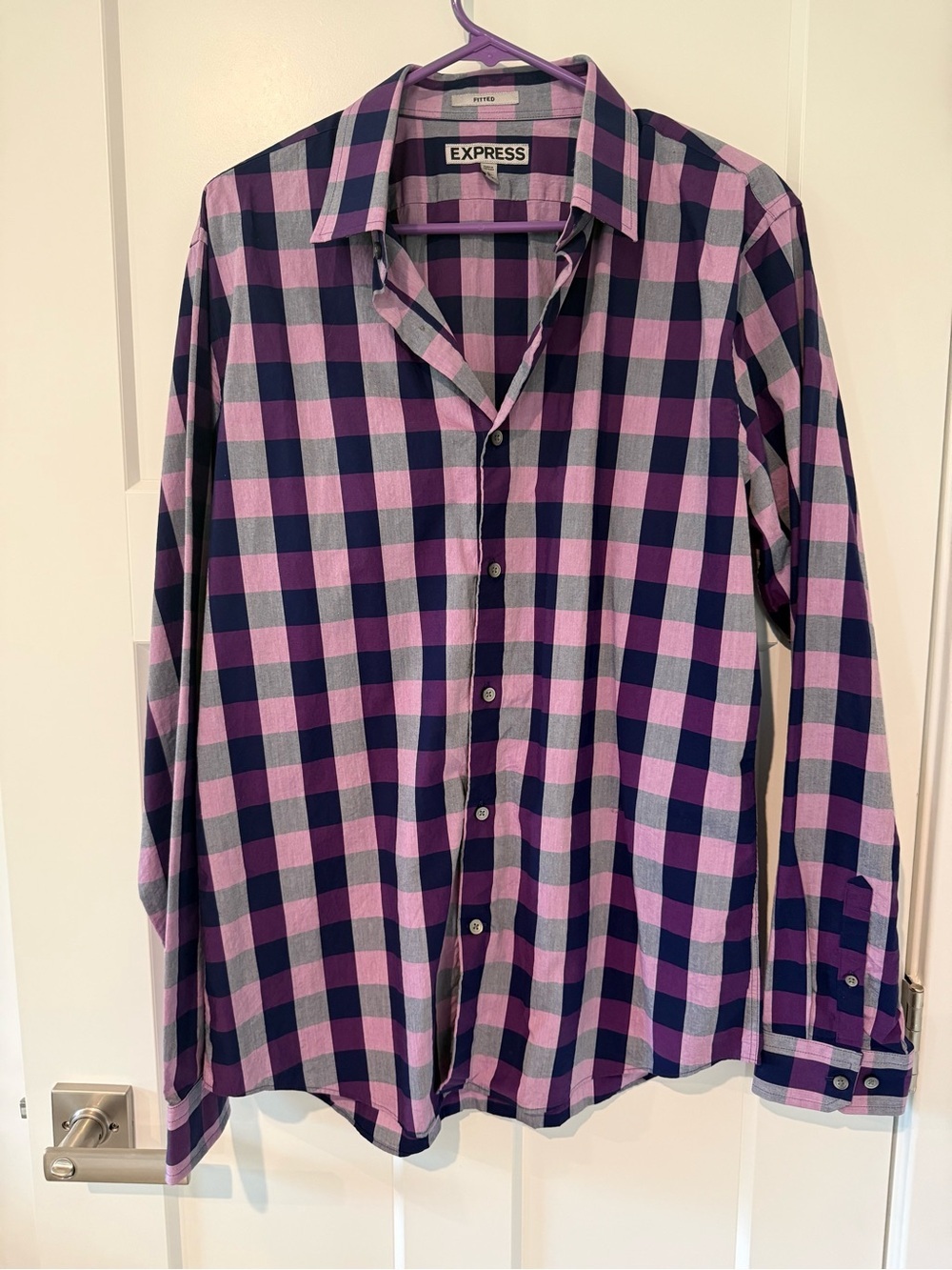 Express Men’s Navy and Purple Check Button-Down Shirt